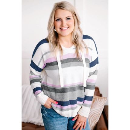 Plus Size Striped Hooded Knit Sweater