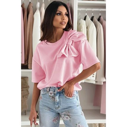 Pink Bow Applique Half Sleeve T-shirt
