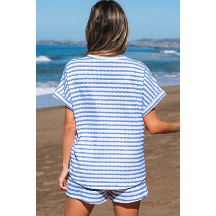 Sky Blue Stripe Knitted Short Sleeve Top and Drawstring Shorts Set