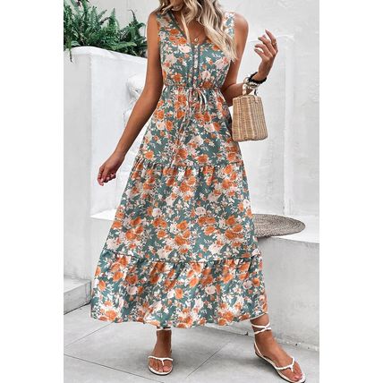 Green Floral Print Trimmed V Neck Tie Waist Sleeveless Holiday Long Dress