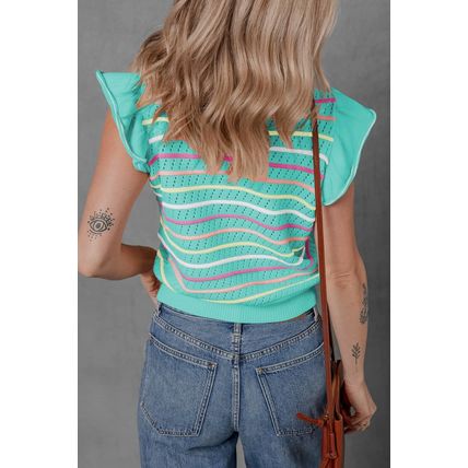 Green Colorful Striped Eyelet Knit Ruffled Sleeve Sweater T Shirt