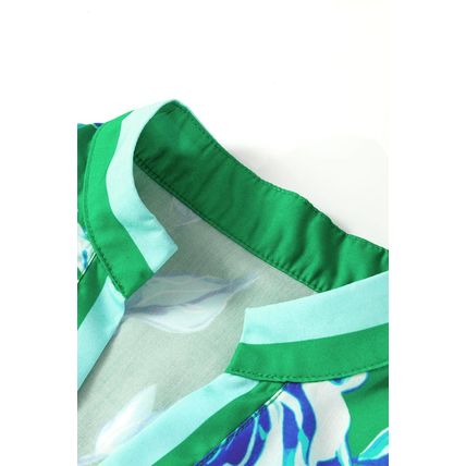 Bright Green Rose Floral Print Puff Short Sleeve Summer Blouse