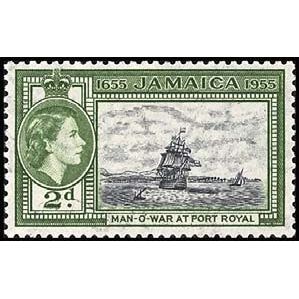 Jamaica QEII 1955 Tercentenary 2d Black & Green Mounted Mint MM SG Sc 155 stamp