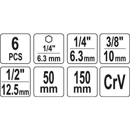 YATO HEX socket adaptor set 6 pcs, 1/2", 3/8", 1/4" 50 & 150mm long (YT-04629)
