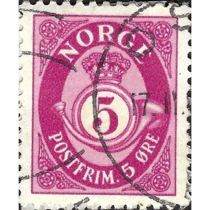 NORWAY, Posthorn striped background, violet 1969, 5ore