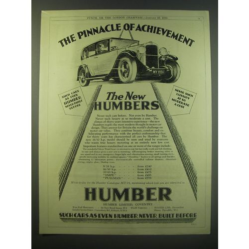 1930 Humber Cars Ad - The pinnacle of achievement
