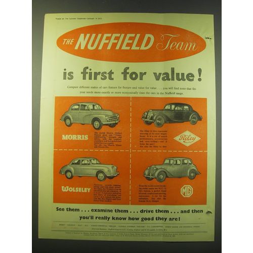 1953 Nuffield Cars Ad - Morris Oxford Saloon, Riley 2 1/2 Litre, Wolseley, MG