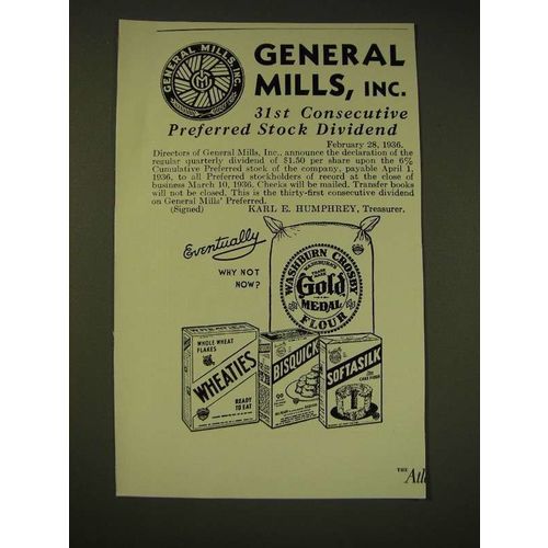 1936 General Mills Ad - General Mills, inc. 31st consecutive preferred stock