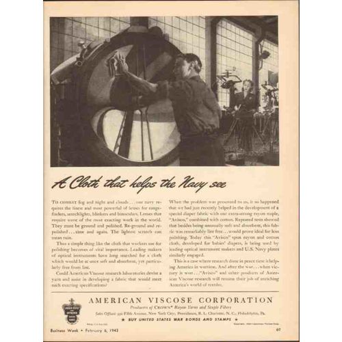 AMERICAN VISCOSE CORP 1943 Avisco rayon cloth help Navy see vintage ad