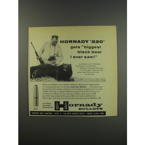 1957 Hornady 30 Cal. 220 gr. Bullets Ad - Hornady 220 gets biggest black bear I