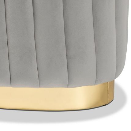 Oval Ottoman Beige Gray Blue Padded Velvet Gold PU Base Glam Luxe Channel Tufted