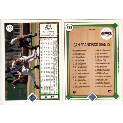 Two 1989 Upper Deck Will Clark baseball cards #155 & #678 - Giants Checklist