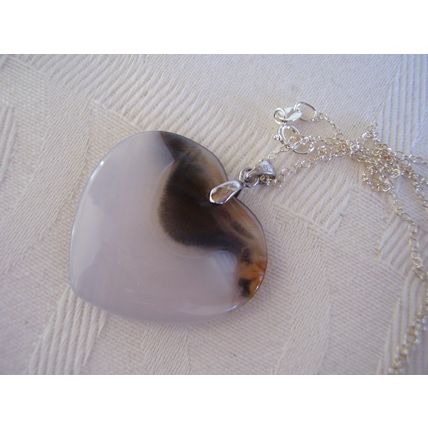 Vintage 925 Necklace Banded Agate Heart Pendant Gemstone Solid Silver 20" Chain