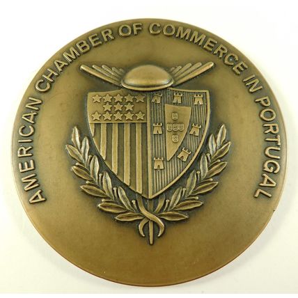 Vintage American Chamber Of Commerce Portugal Bronze Prize Medal Medallion & Box