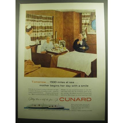 1958 Cunard Cruise Ad - Tomorrow.. 1500 miles at sea.. mother begins her day