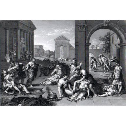 CITY OF PESTILENCE 1842 Pierre Mignard - Peter Lightfoot ANTIQUE ENGRAVING
