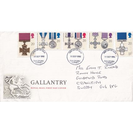 ROYAL MAIL First Day Cover SEPTEMBER 1990 GALLANTRY Postmark: Guildford Surrey