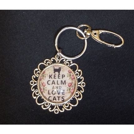 Keep Calm and Love Cats Keychain Bag Tag Accessory, Handcrafted Cat Lover Gift