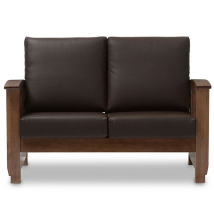 Mission Style Walnut/Brown Wood & Faux Leather Chair, or Loveseat, or Both