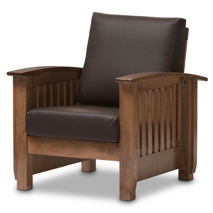 Mission Style Walnut/Brown Wood & Faux Leather Chair, or Loveseat, or Both