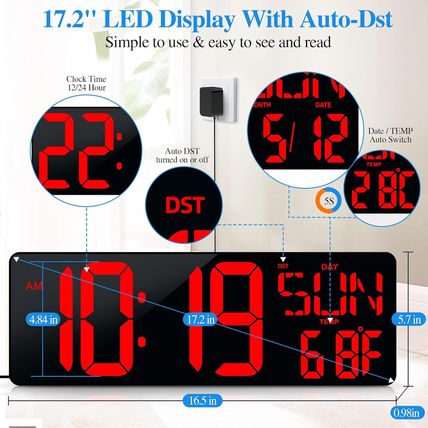 Large Digital Wall Clock with Remote Control 17.2" LED Large Display Timer with