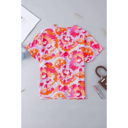 Rose Red Abstract Print V Neck Summer Blouse