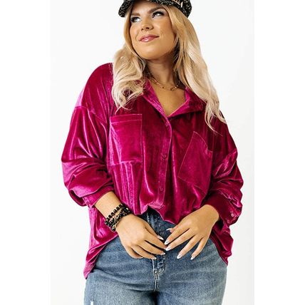 Bright Pink Plus Size Velvet Chest Pocket Drop Shoulder Shirt