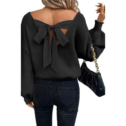 Black Lantern Sleeve V Neck Knot Back Sweater
