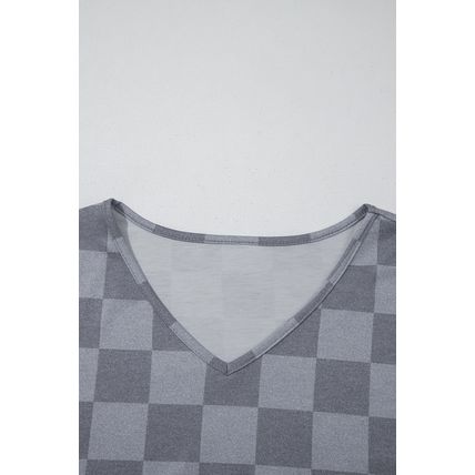 Gray Checkered V Neck Tee Drawstring Shorts Lounge Set