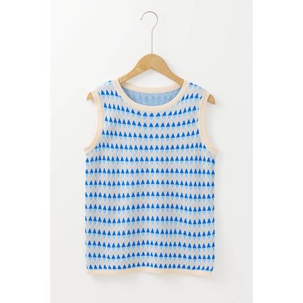 Sky Blue Stripe Geometric Print Round Neck Slim Fit Sweater Vest