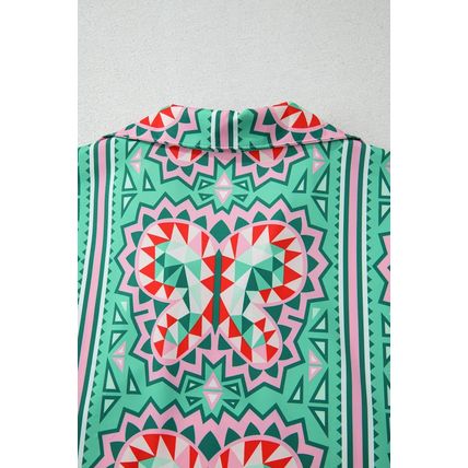 Mint Green Geometric Butterfly Print Split Neck Short Sleeve Dress