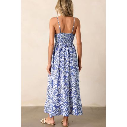 Sky Blue Floral Print Spaghetti Strap High Waist Maxi Dress