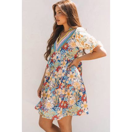Multicolour Boho Floral Print Crochet Patchwork V Neck Loose Mini Dress