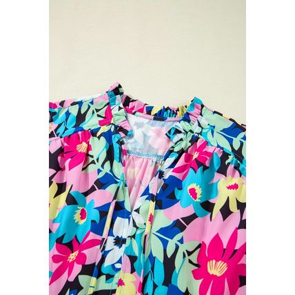 Blue Floral Flutter Sleeve Tied Notched Neck Plus Size Blouse