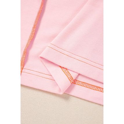 Light Pink Lace Patchwork Exposed Seam V Neck T Shirt