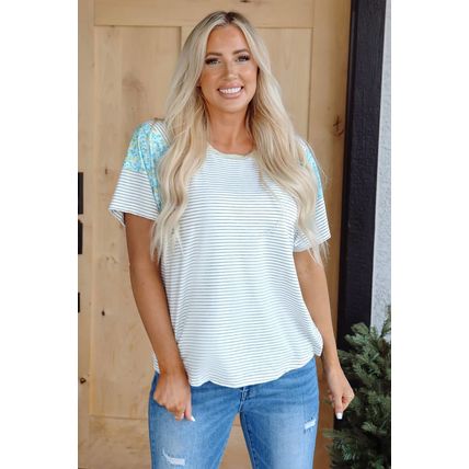 White Stripe Floral Insert Sleeves Contrast Round Neck Tee
