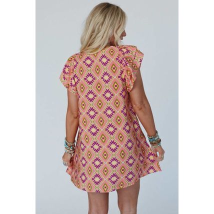 Orange Geometric Floral V Neck Buttoned Ruffled Sleeve Mini Dress