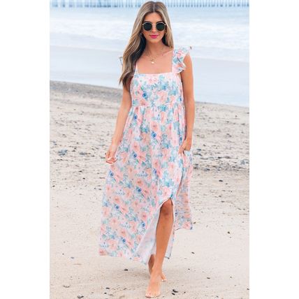 Pink Floral Print Square Neck Backless Long Dress with Slit
