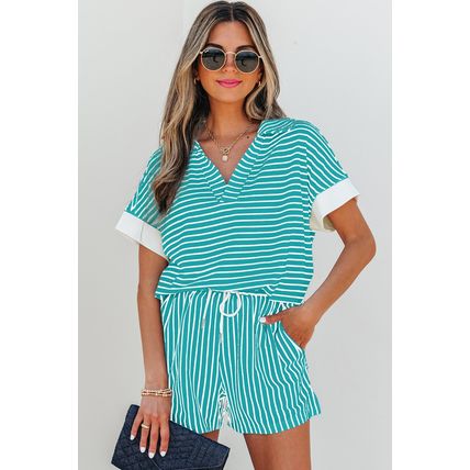 Sky Blue Stripe V Neck Tee and Casual Short Set