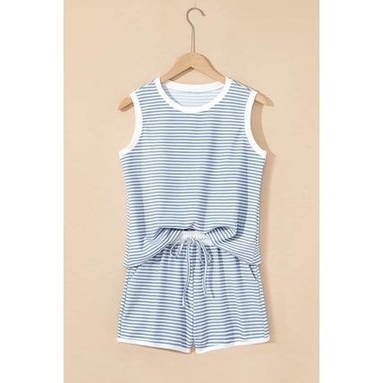 Myosotis Contrast Trim Striped Vest Drawstring Shorts Set