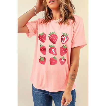 Pink Strawberry Fruit Pattern Graphic Tee