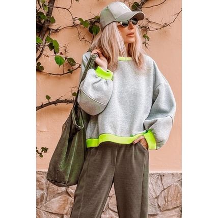 Light Grey Contrast Color Banding Patchwork Puff Sleeve Loose Sweatshirt