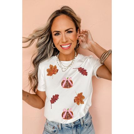 White Sequined Pumpkin Leaves Fall Vibe Graphic T Shirt