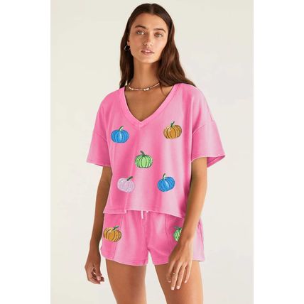 Bonbon Sequin Halloween Pumpkin Pattern V Neck Tee and Drawstring Bottoms Casual