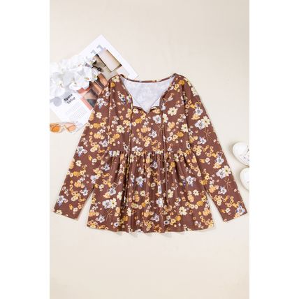 Khaki Floral Textured Tied Neck Long Sleeve Plus Size Babydoll Blouse