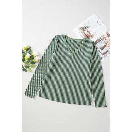Green Stripe V Neck Stretchy Long Sleeve Top