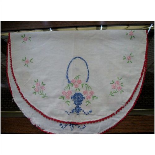 Vintage Oval Hand Embroidered Floral Basket Doily- Dresser Scarf, 22 1/2" x 16"