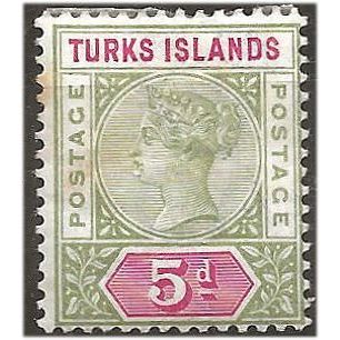 Turks Islands 1894 SG72 5d Olive-Green & Crimson Wmk Crown CA Mounted Mint ... .