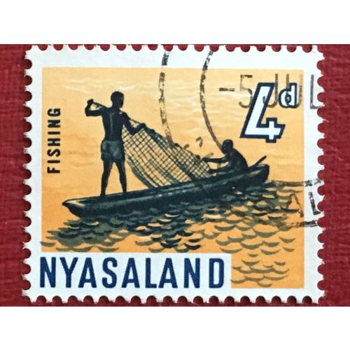 Nyasaland QEII 1964 4d indigo & orange yellow Used SG 203 Sc 127 fishing stamp