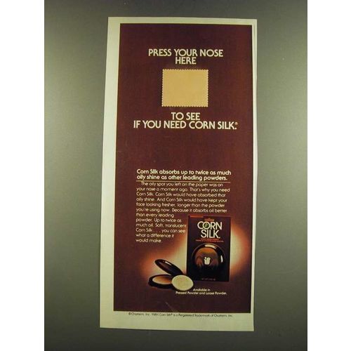 1983 Corn Silk Makeup Ad - Press your nose here to see if you need Corn Silk